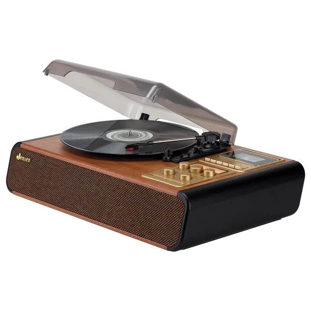 JENSEN® 4-Watt 3-Speed Belt-Drive Manual Turntable with Built-in Speakers, Bluetooth®, Cassette Player/Recorder, AM/FM, and 45-RPM Adapter, JTA-385