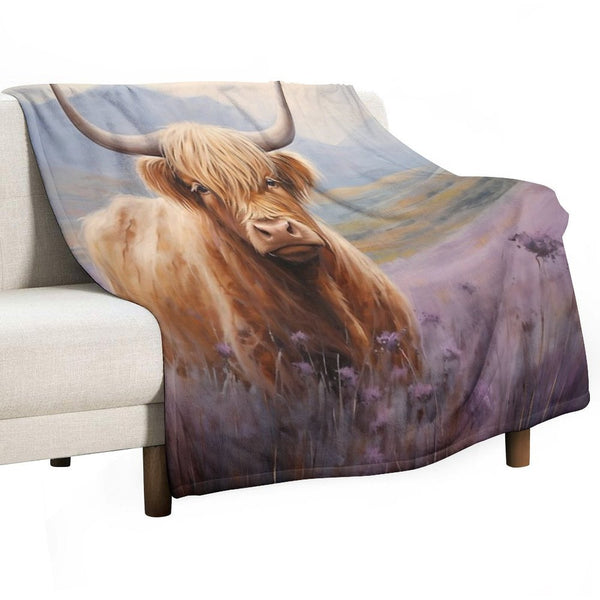 Scottish Highland Cow in Heather Sustainable Throw Blanket