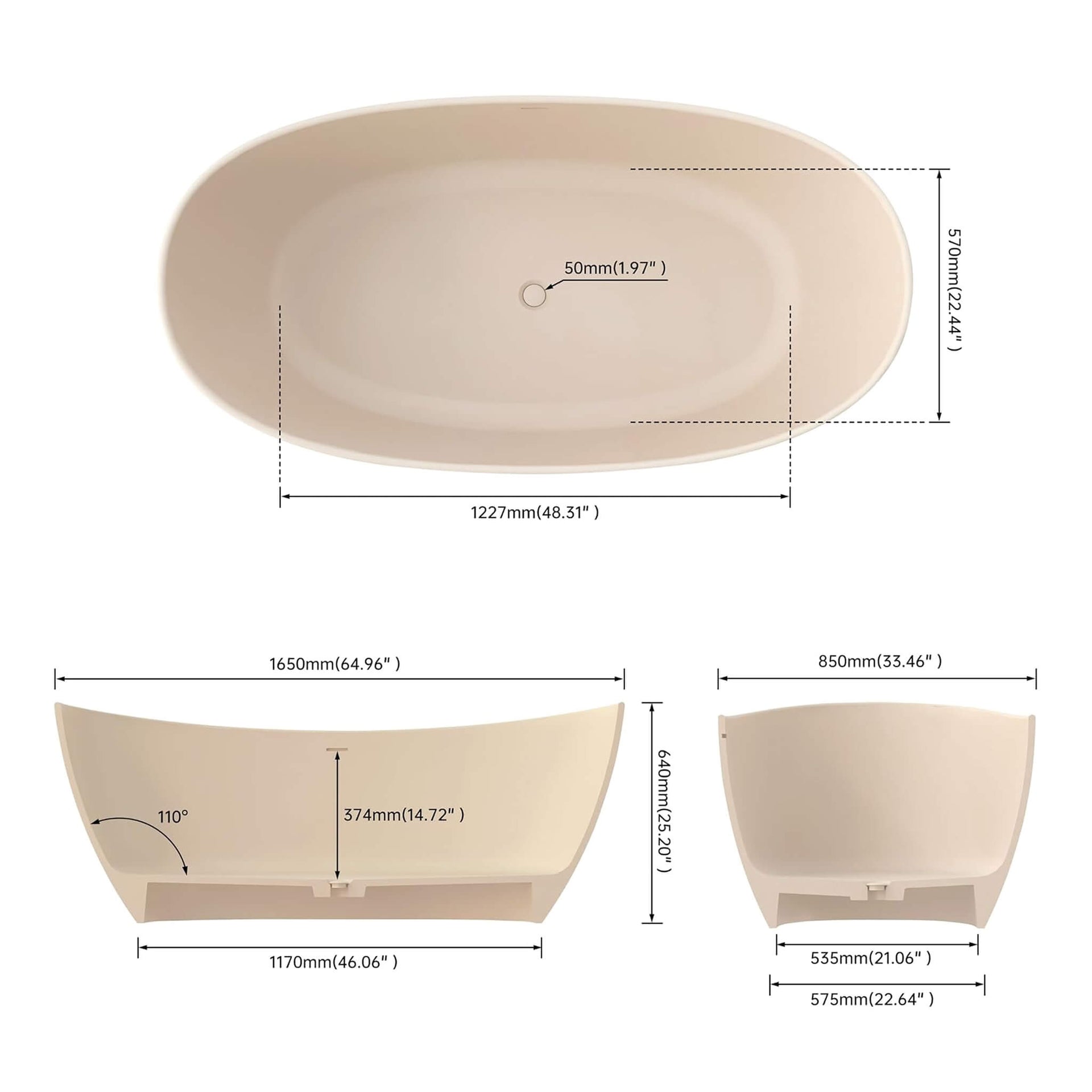 [65X33.5-Inch] Freestanding Modern Oval Stone Resin Soaking Tub With Overflow Drain (SAK39231)