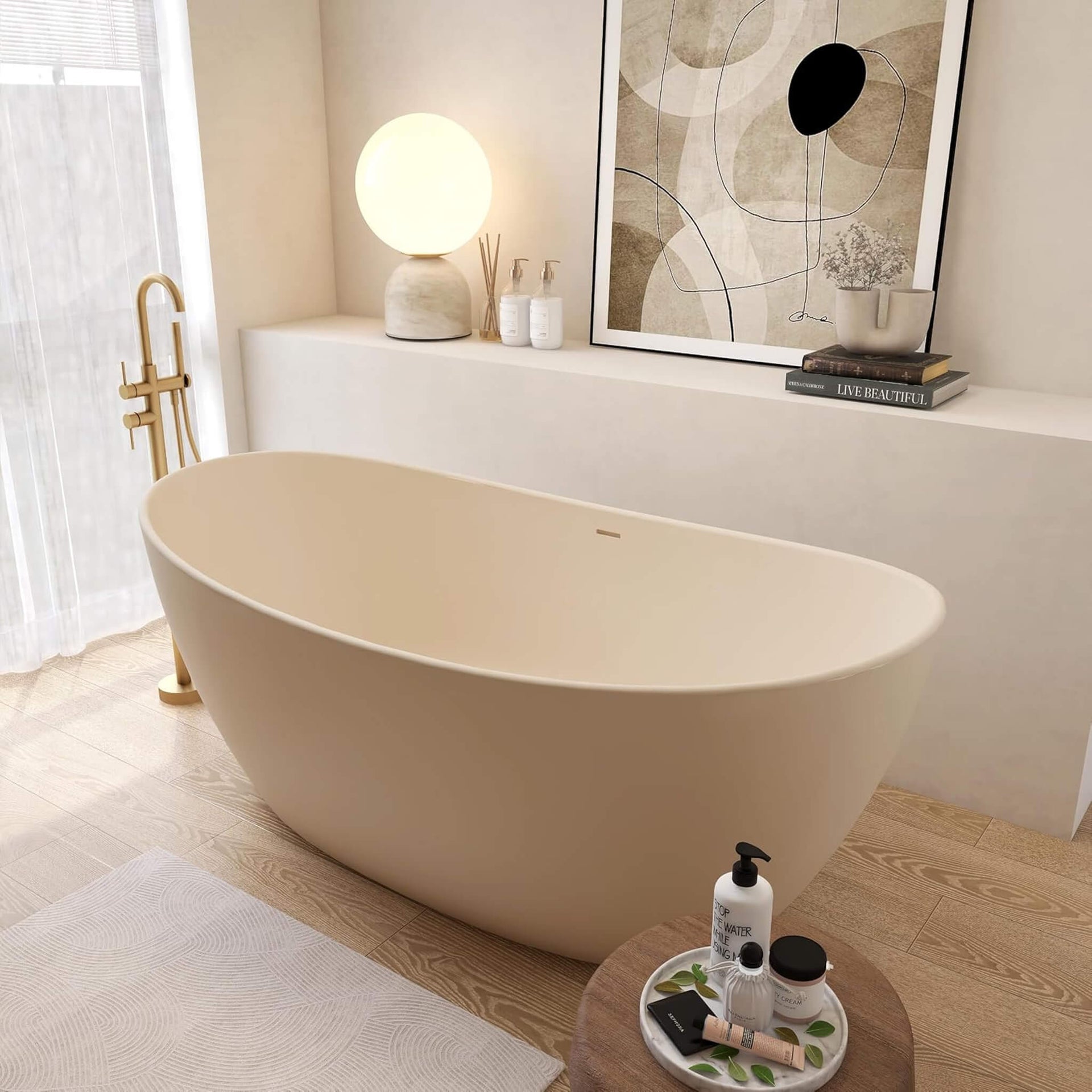[65X33.5-Inch] Freestanding Modern Oval Stone Resin Soaking Tub With Overflow Drain (SAK39231)