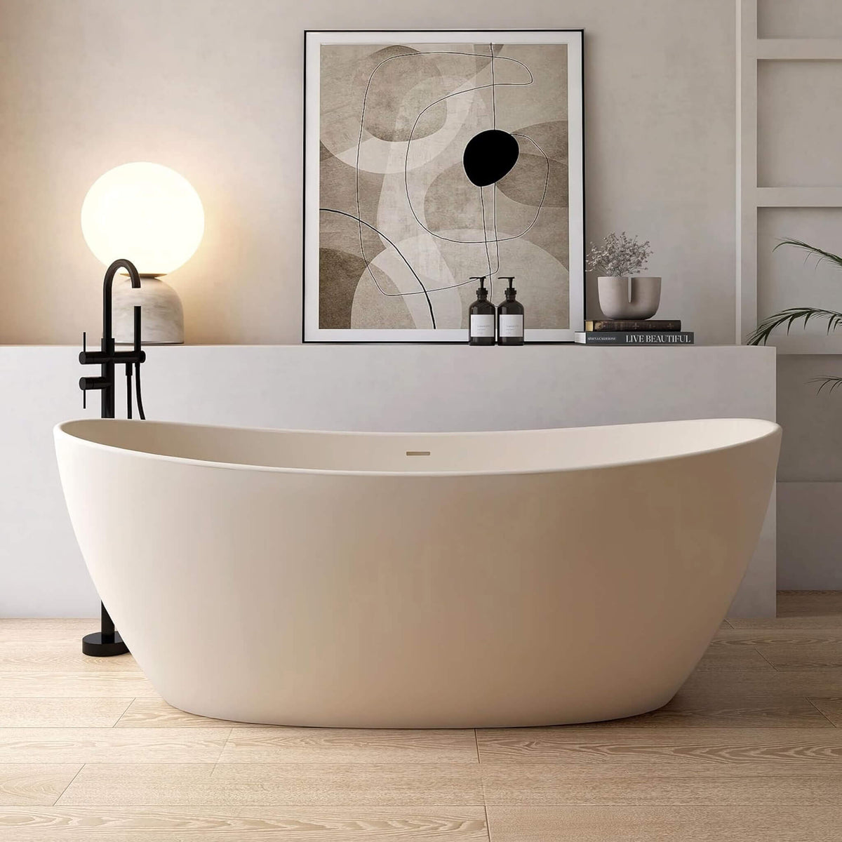 [65X33.5-Inch] Freestanding Modern Oval Stone Resin Soaking Tub With Overflow Drain (SAK39231)