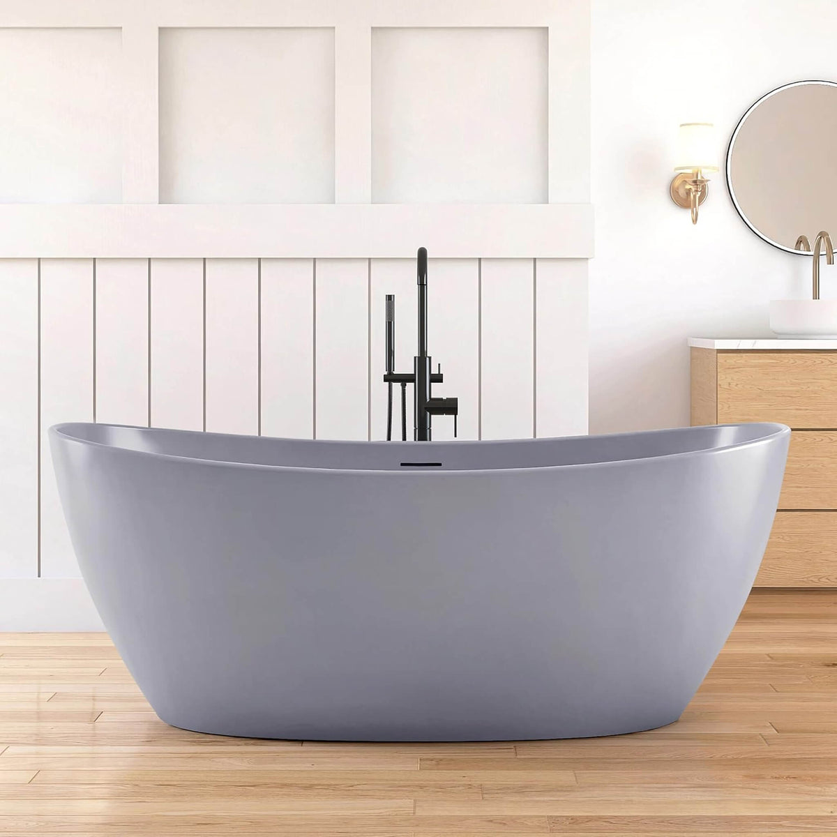 [65X33.5-Inch] Freestanding Modern Oval Stone Resin Soaking Tub With Overflow Drain (SAK39231)