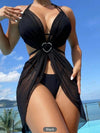 3pcs Halter Neck Bikini Beach Summer Solid Color Split Swimsuit Womens Clothing - Black / L