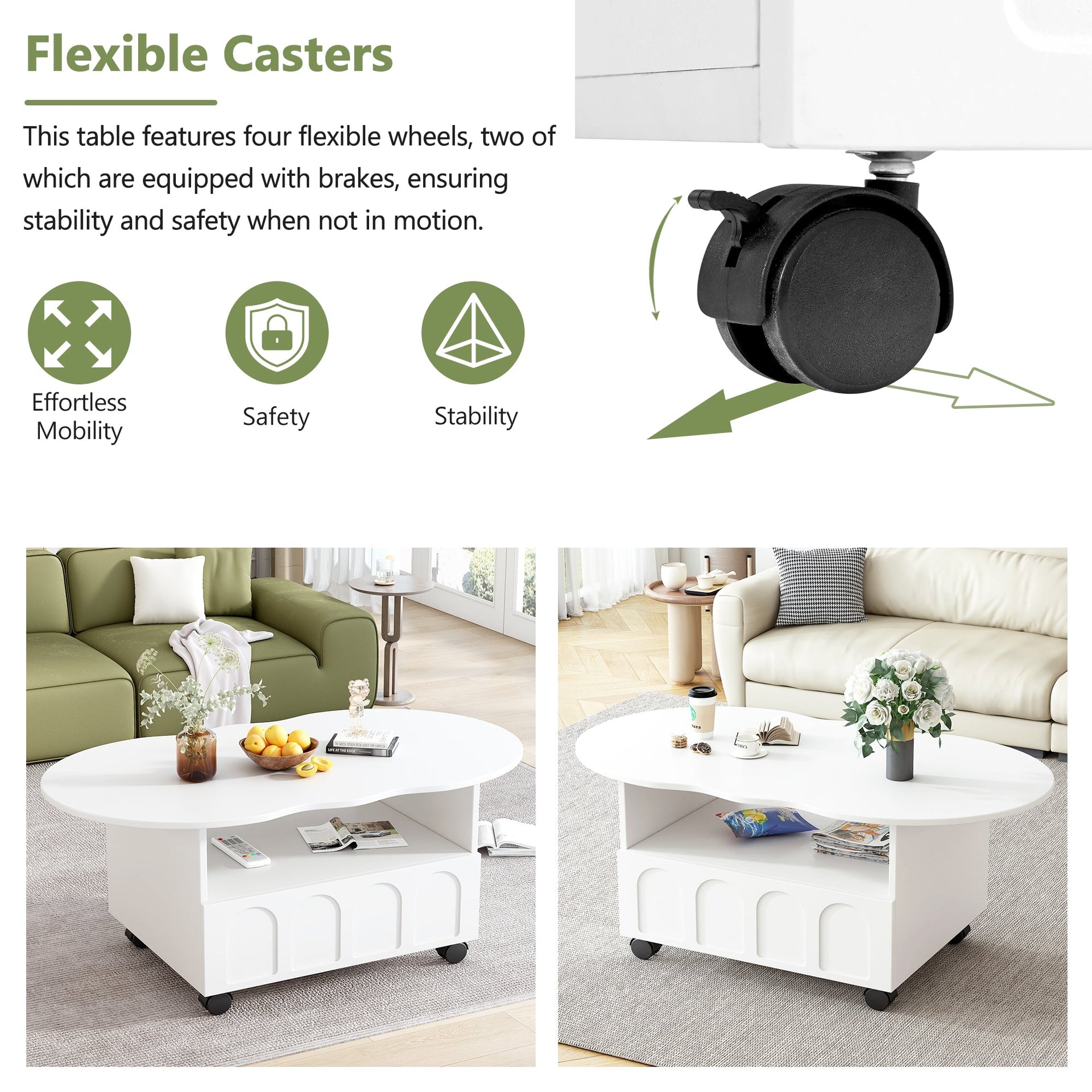 ON-TRANS flexible cream style coffee table with 2 brake wheels, drawers, large storage space, white, 39.37 '' x 23.6 ''