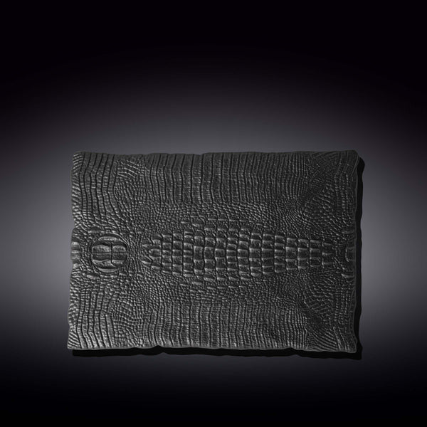 Black Porcelain Slate look Rectangular Serving Dish With Crocodile Skin Texture. 11.75