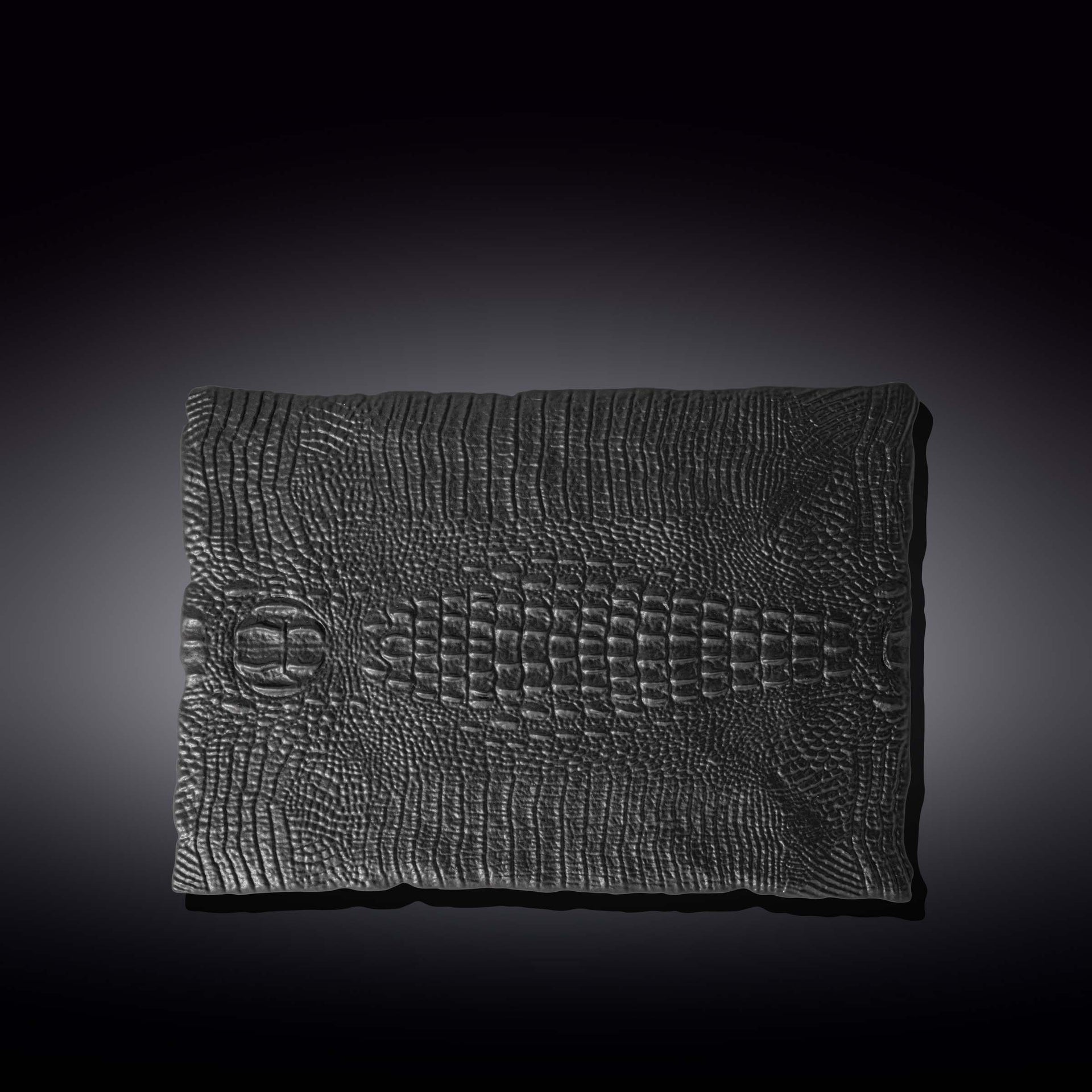 Set Of 2 Black Porcelain Slate look Rectangular Serving Dish With Crocodile Skin Texture. 11.75