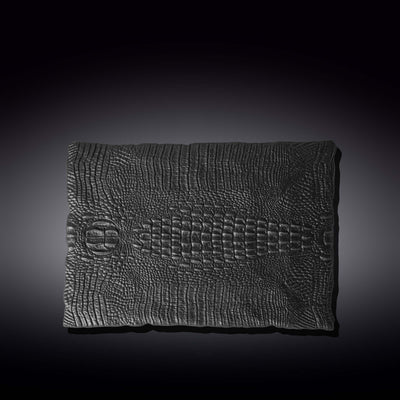Set Of 2 Black Porcelain Slate look Rectangular Serving Dish With Crocodile Skin Texture. 11.75