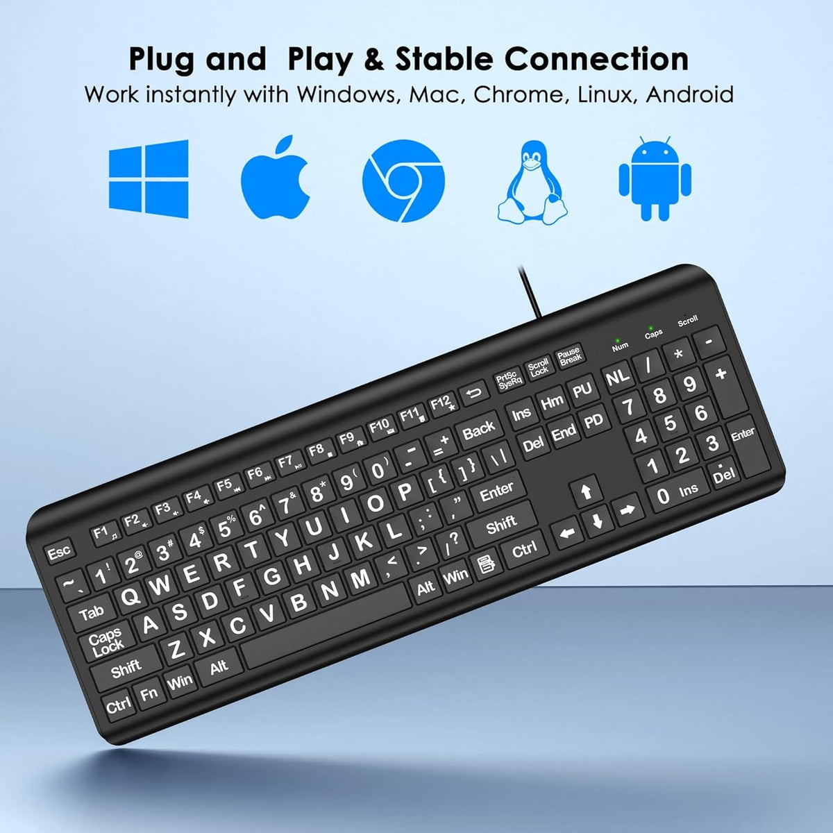 Large Print Wired Keyboard – 4X Oversized Letters for Visually Impaired, Seniors & Beginners