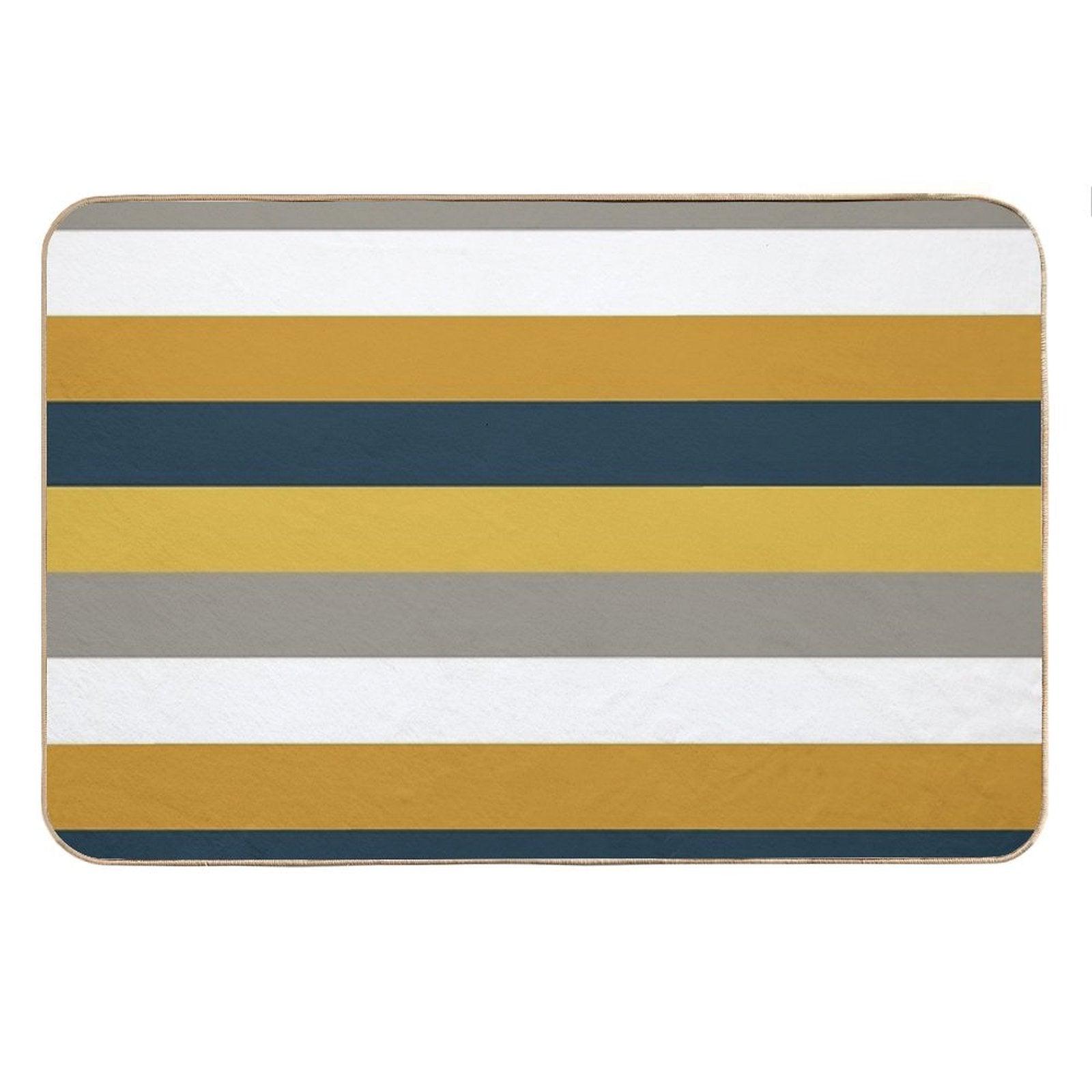 Broad Stripes Pattern in Light And Dark Mustard Yellow, Grey, White, And Navy Blue Bath Mat