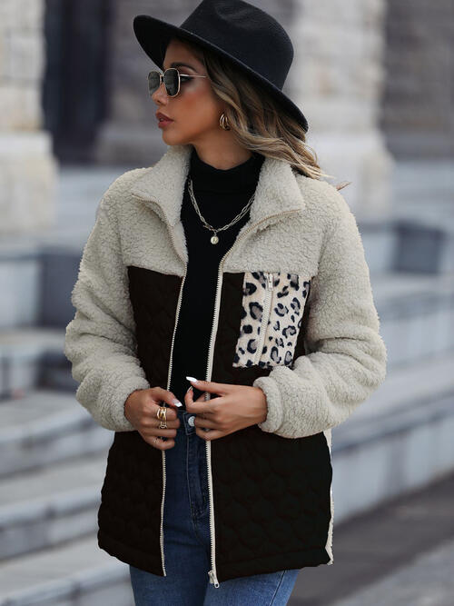 Unique Autumn Leopard Color Block Zip-Up Jacket Trendy Lightweight Jacket with Pockets Charming Winter Jacket