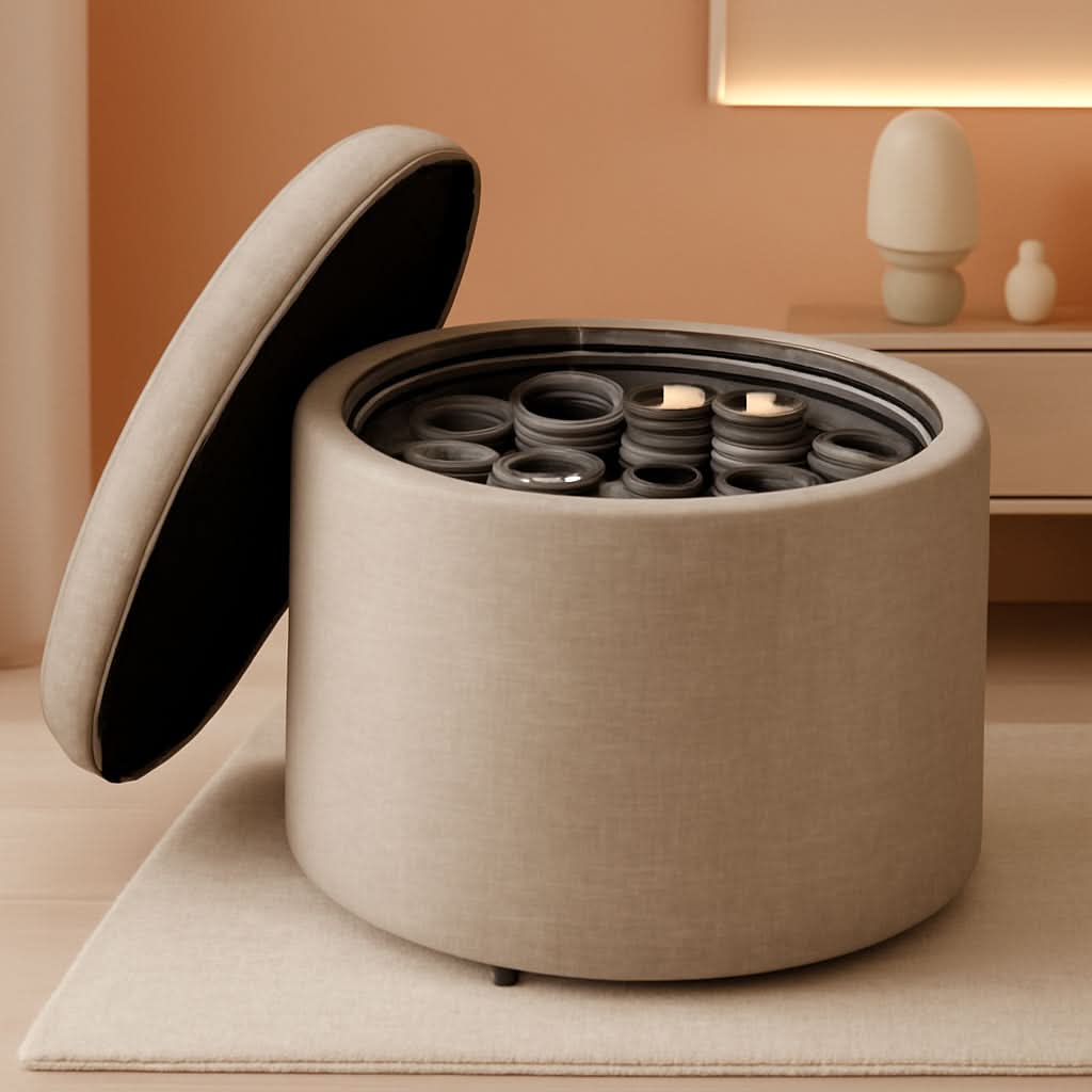 Round Shoe Ottoman Tan Fabric 12 Compartment Storage