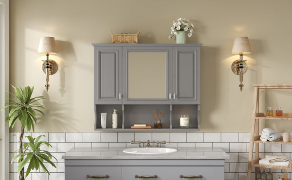 Wall Mounted Bathroom Medicine Cabinet with Mirror and Open Shelves, Modern