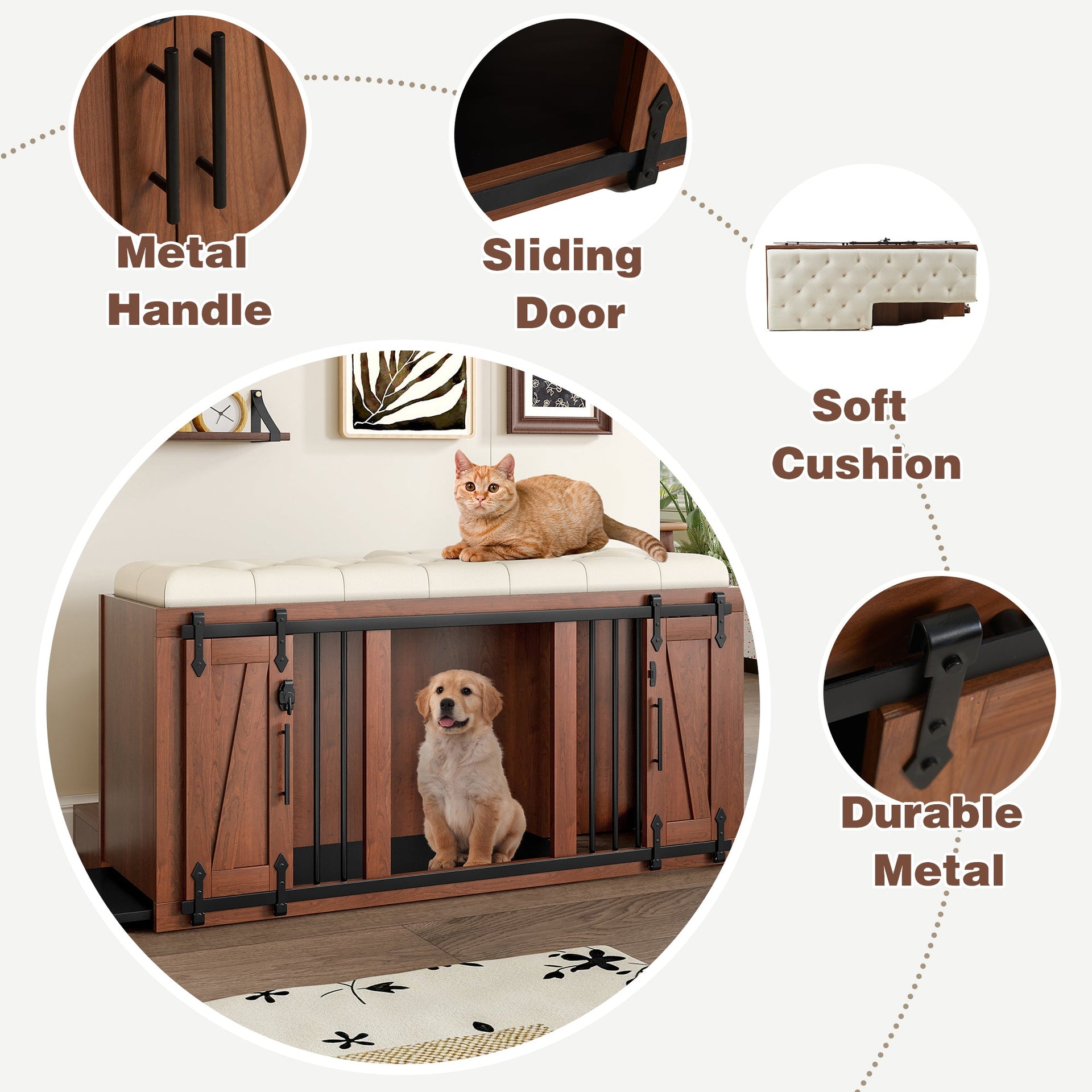56'L, Furniture Style 2 in 1 Dog Crate with Padded Seat, Sliding Barn Door, Luxury Wooden Dog Kennel, End of Bed Bench Ottoman with Removable Cushion for Bedroom, Living Room, Walnut