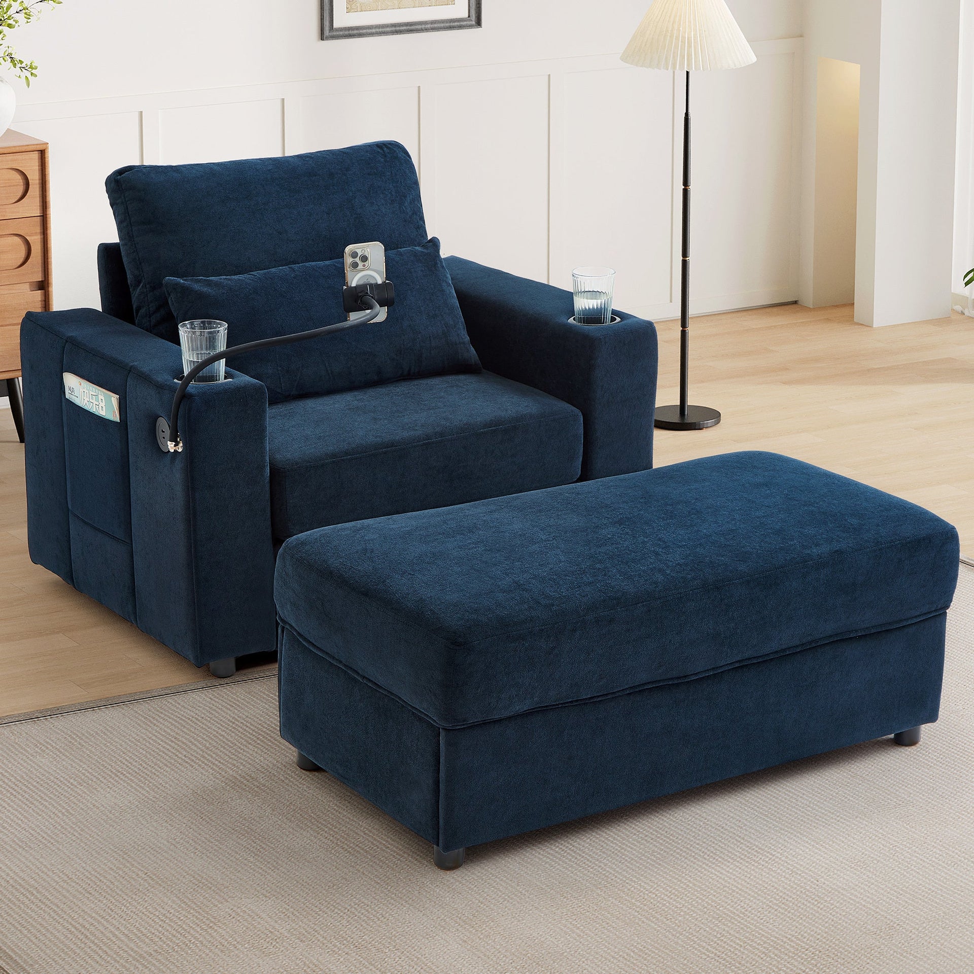 Modern Style Armchair Chaise Lounge  with Movable Storage Ottoman, USB Ports, and Cup Holders
