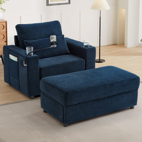 Modern Style Armchair Chaise Lounge  with Movable Storage Ottoman, USB Ports, and Cup Holders