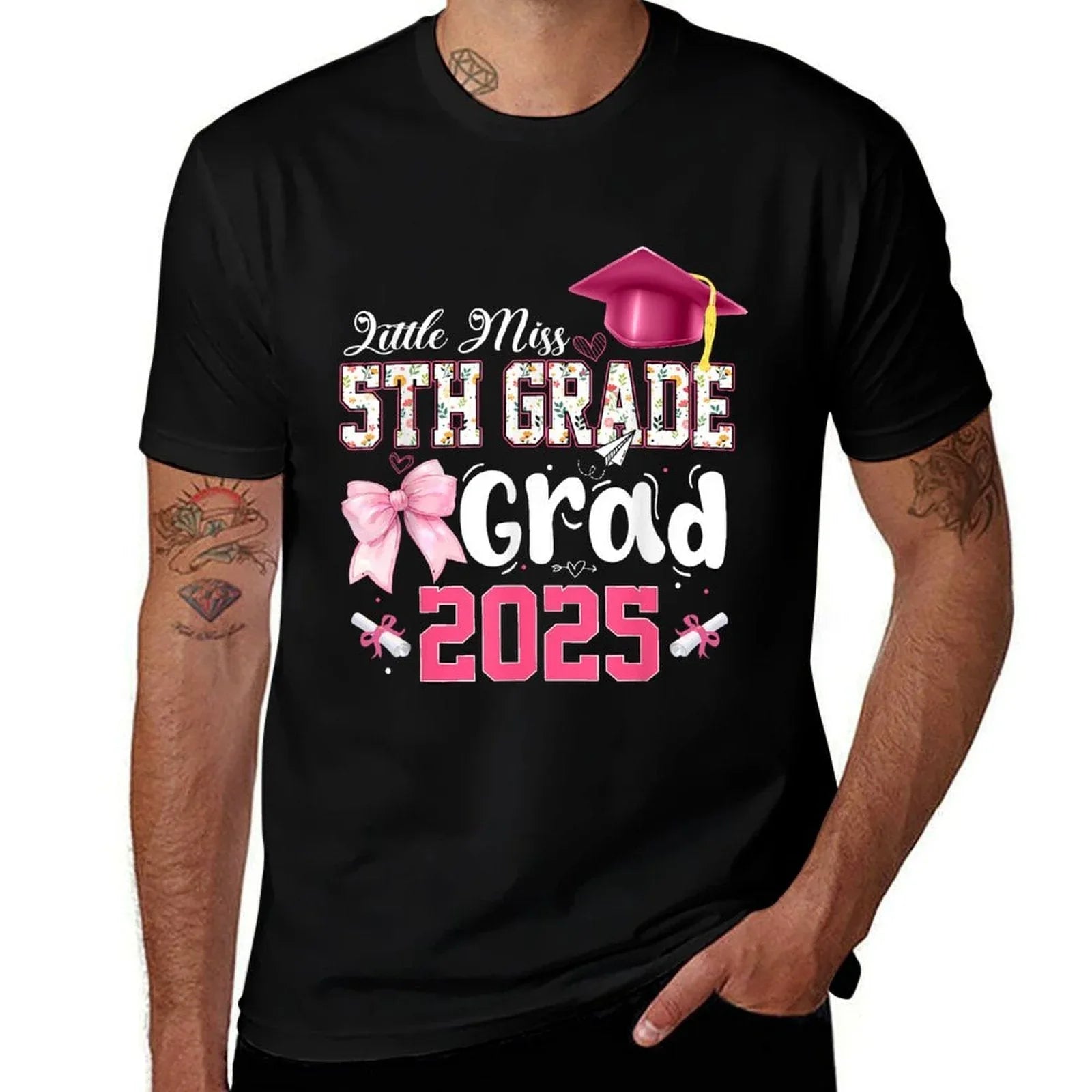 Little Miss 5th Grade Graduation Graduate Coquette Bow Kids  Heathered Texture T-Shirt