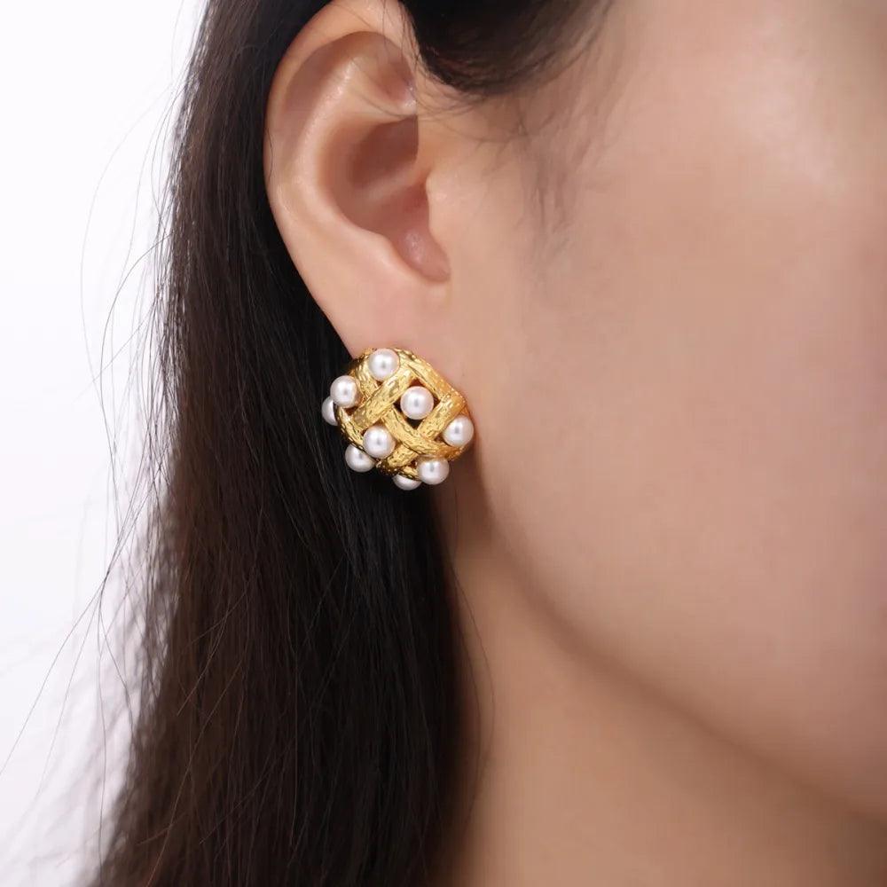 Copper Shell Pearl Stud Earrings