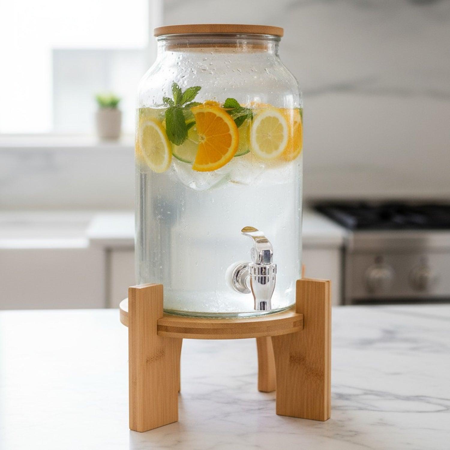 Delray Glass Beverage Dispenser with Bamboo Lid & Stand (4L / 1 Gal)