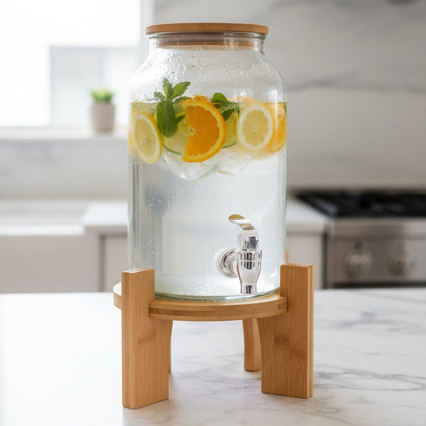 Delray Glass Beverage Dispenser with Bamboo Lid & Stand (4L / 1 Gal)