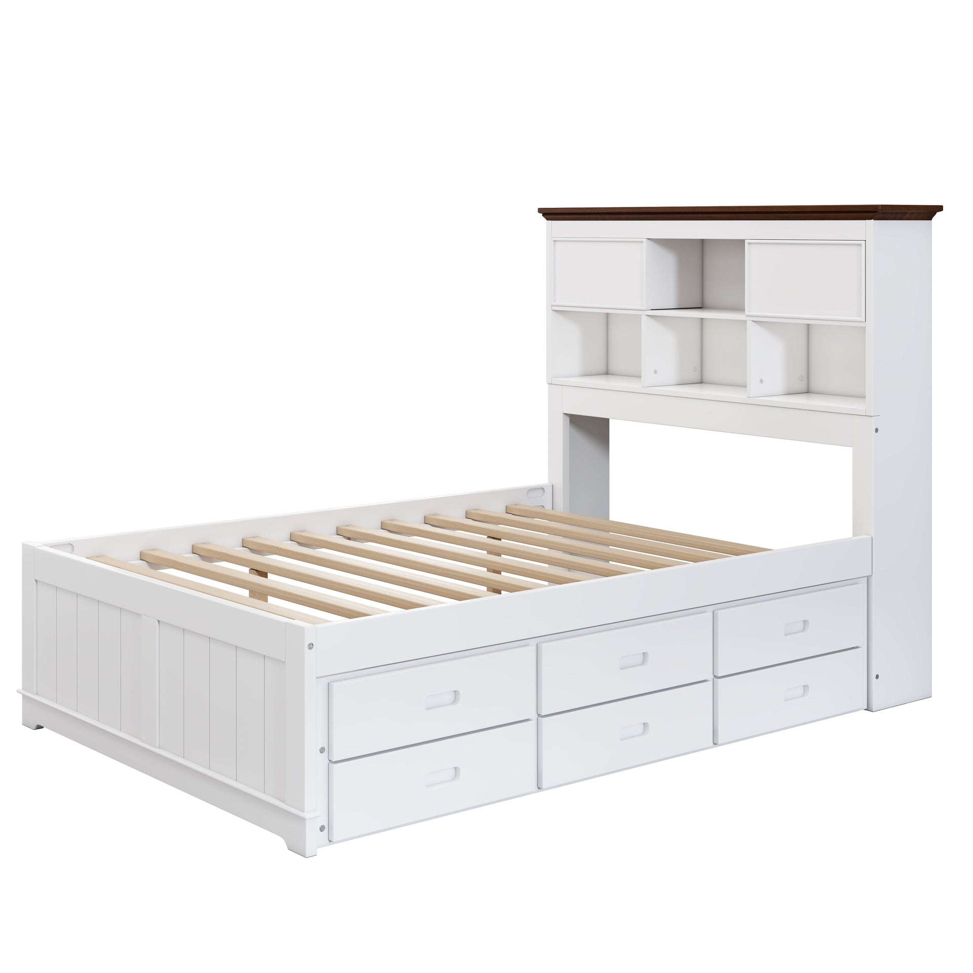 Solid Pine Captain Bookcase Bed with Trundle Bed and 3 Spacious Under Bed Drawers in Casual,Full, White+Walnut