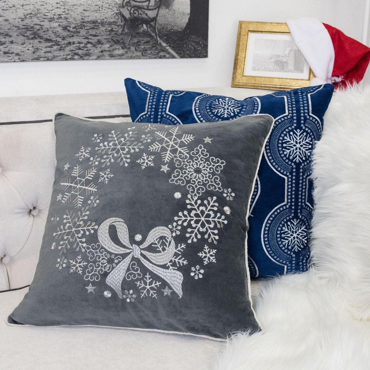 Gray Velvet Holiday Throw Pillow with Snowflake Wreath Embroidery