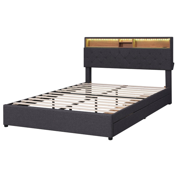 Queen Size Upholstered Platform Bed with Storage Headboard, LED, USB Charging and 2 Drawers Dark Gray