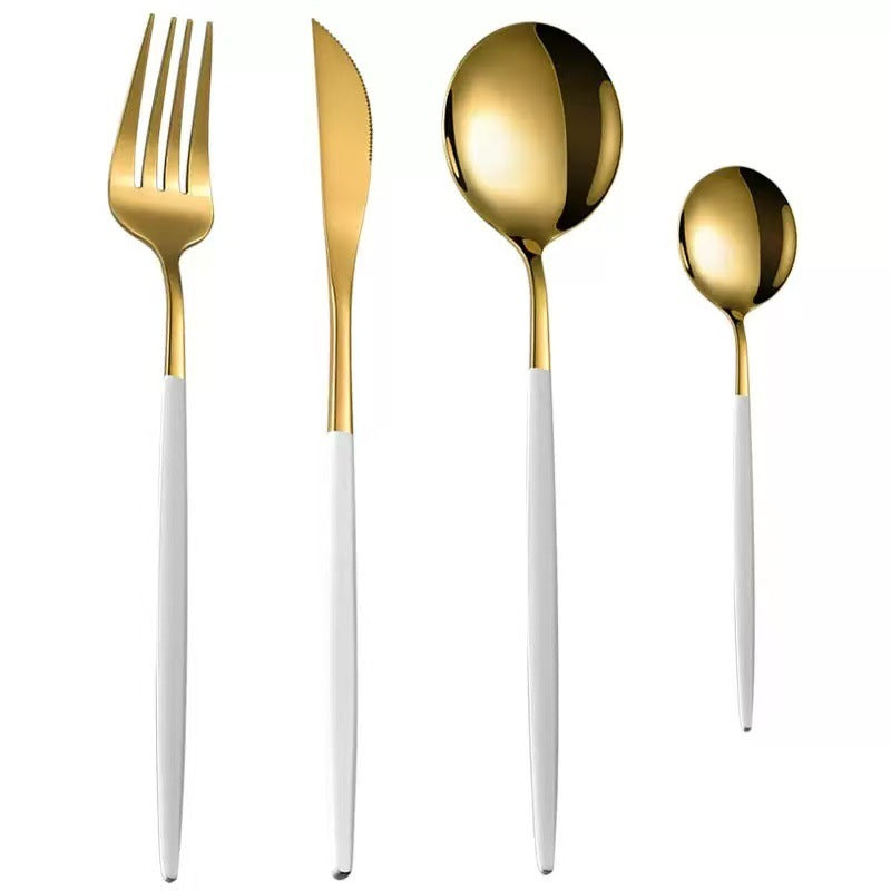 Stainless Steel Cutlery Set with Portuguese Gold Spray Painted Steak Knife, Fork, Spoon, and Tea Spoon 4-Piece Gift Pack