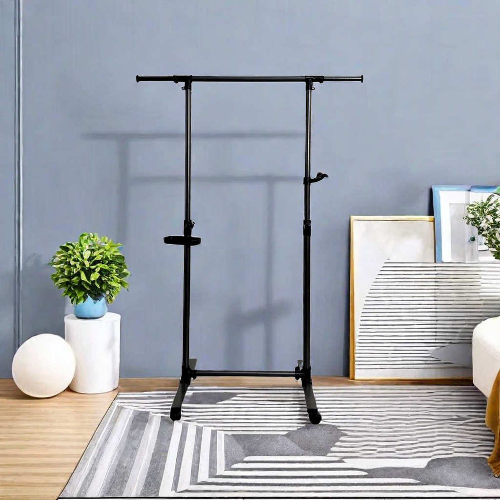 Short clothes hanger with chassis and wheels, heavy-duty rolling clothes hanger, black