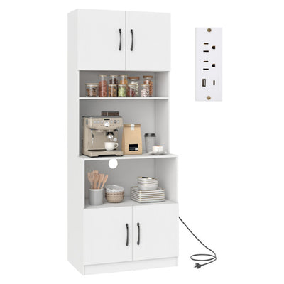 66 Inch Kitchen Pantry Cabinet with Charging Station and Adjustable Shelves for Dining Room-White