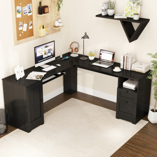 66 Inch L-Shaped Writing Study Workstation Computer Desk with Drawers-Black