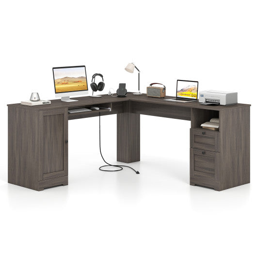 66 Inch L-shaped Computer Desk with Power Outlets-Dark Gray