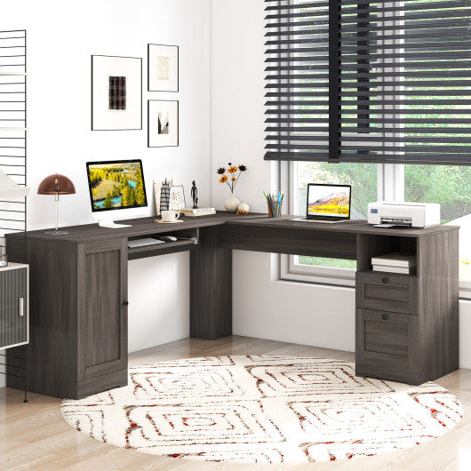 66 Inch L-shaped Computer Desk with Power Outlets-Dark Gray