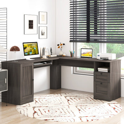 66 Inch L-shaped Computer Desk with Power Outlets-Dark Gray