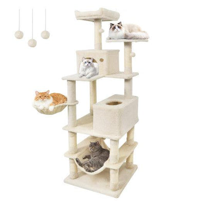 66 Inch Tall Cat Tree Multi-Level Cat Tower with 2 Condos Sisal Scratching Posts-Beige