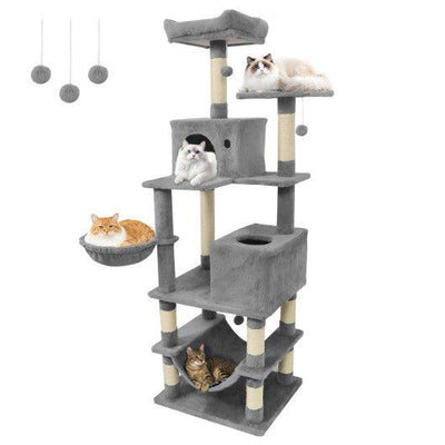 66 Inch Tall Cat Tree Multi-Level Cat Tower with 2 Condos Sisal Scratching Posts-Light Gray