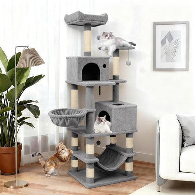 66 Inch Tall Cat Tree Multi-Level Cat Tower with 2 Condos Sisal Scratching Posts-Light Gray