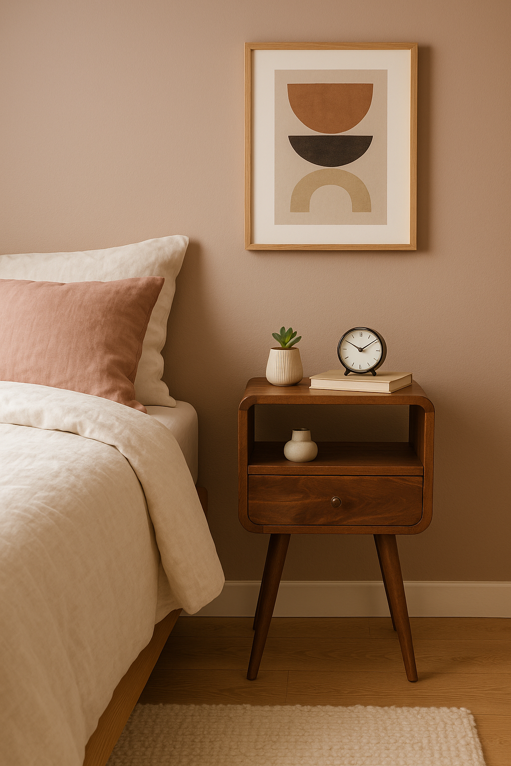 Solid Wood Mini Curve Bedside Nightstand, 1-Drawer, Chestnut
