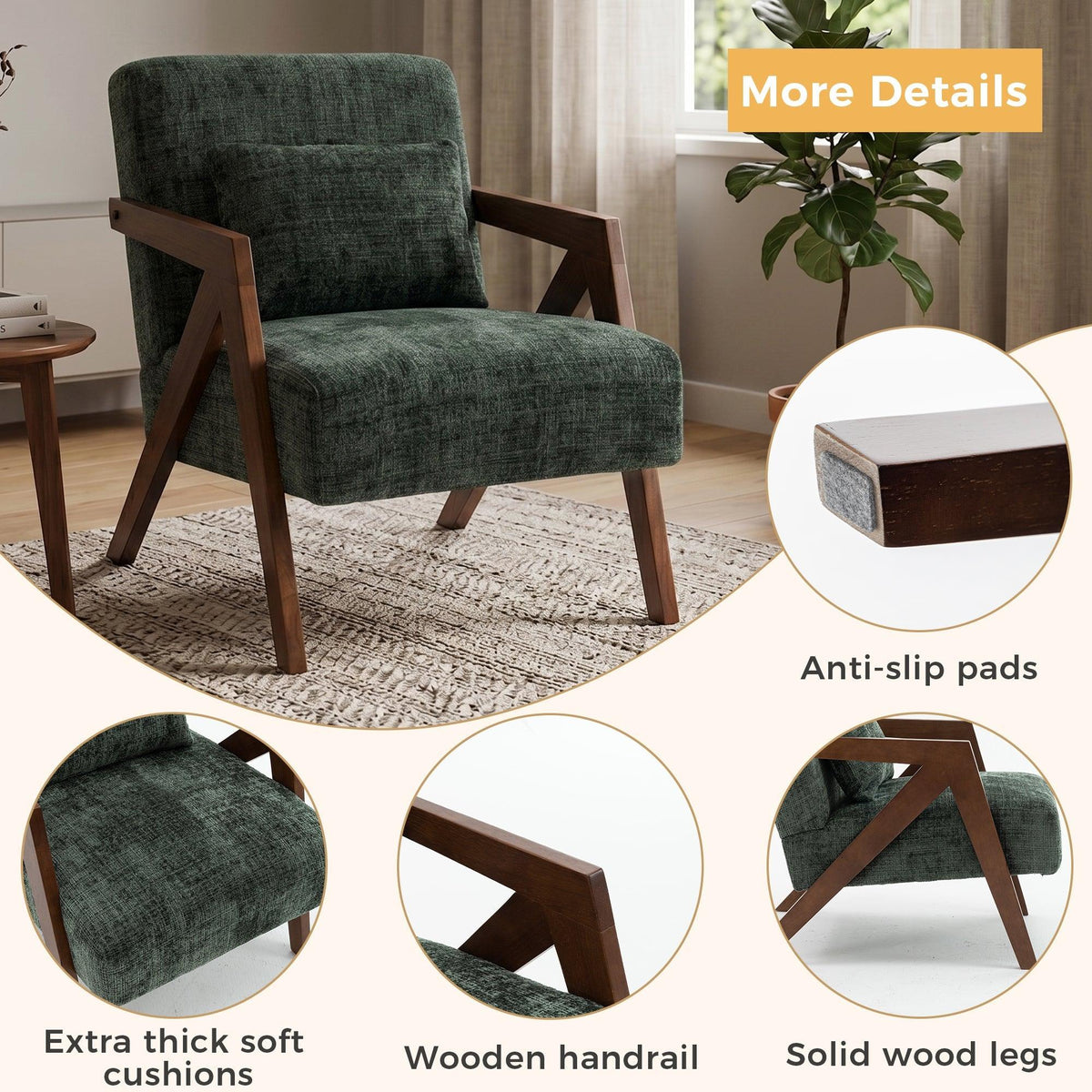 Mid-Century Modern Dark Green Chenille Accent Chair