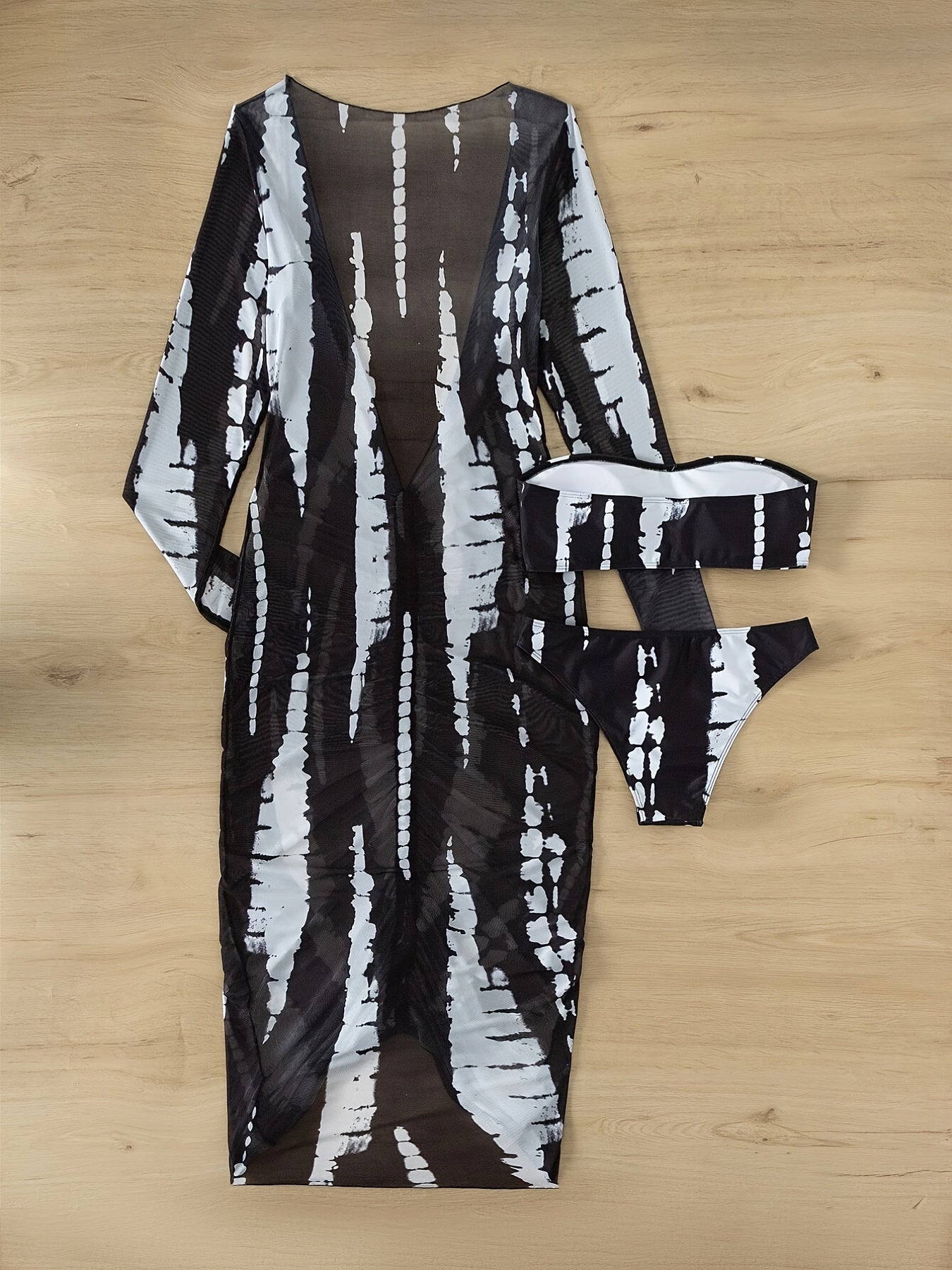 Horizon Haze 3-Piece Tie Dye Bandeau Bikini Set for Women – Strapless Tube Top with Long Sleeve Semi-Sheer Cover-Up Dress for Summer – Artistic Stripe Print Swimwear Ensemble for Bold Summer Fashion