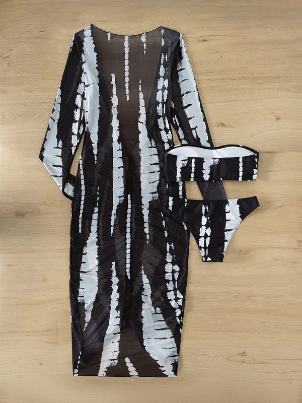 Horizon Haze 3-Piece Tie Dye Bandeau Bikini Set for Women – Strapless Tube Top with Long Sleeve Semi-Sheer Cover-Up Dress for Summer – Artistic Stripe Print Swimwear Ensemble for Bold Summer Fashion