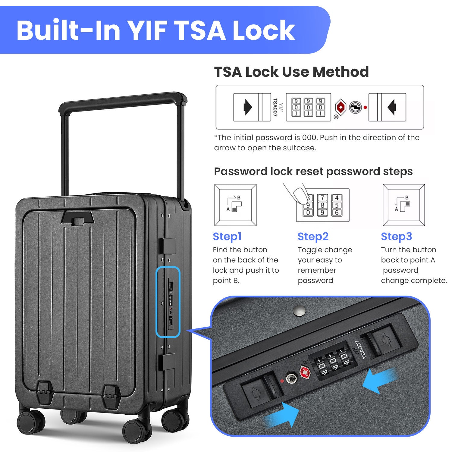Aluminum Frame 20 Inch with Front Open Carry-on Luggage, PC Hard Shell Suitcase, Bounce Wide Handle Pull Rod Luggage with 360°Double Wheels, Built-In TSA Lock, Airline Approved Suitcase for Business