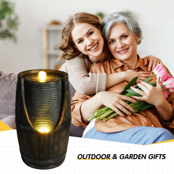 Resin Rustic Barrel Outdoor Water Fountain 24 Inch LED