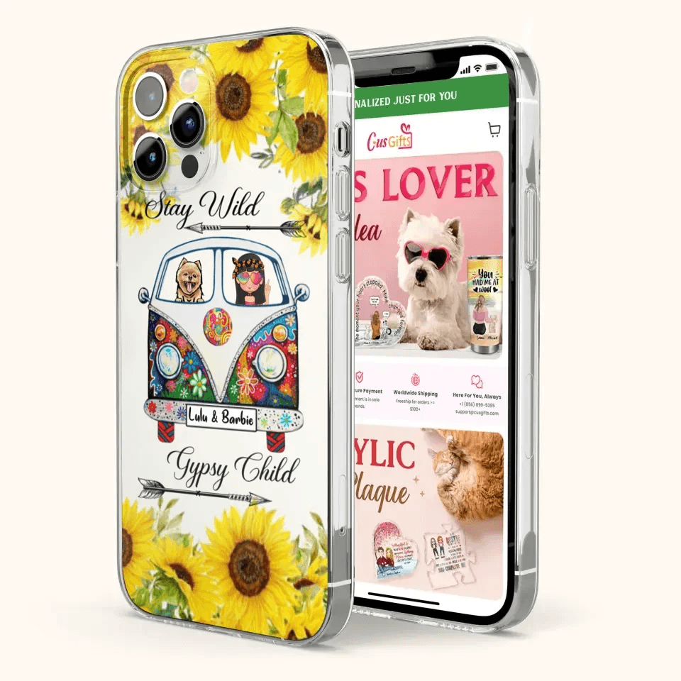Personalized Hippie Girl Phone Case - Girl with up to 3 Pets - Phone case for iPhone, Samsung and Xiaomi