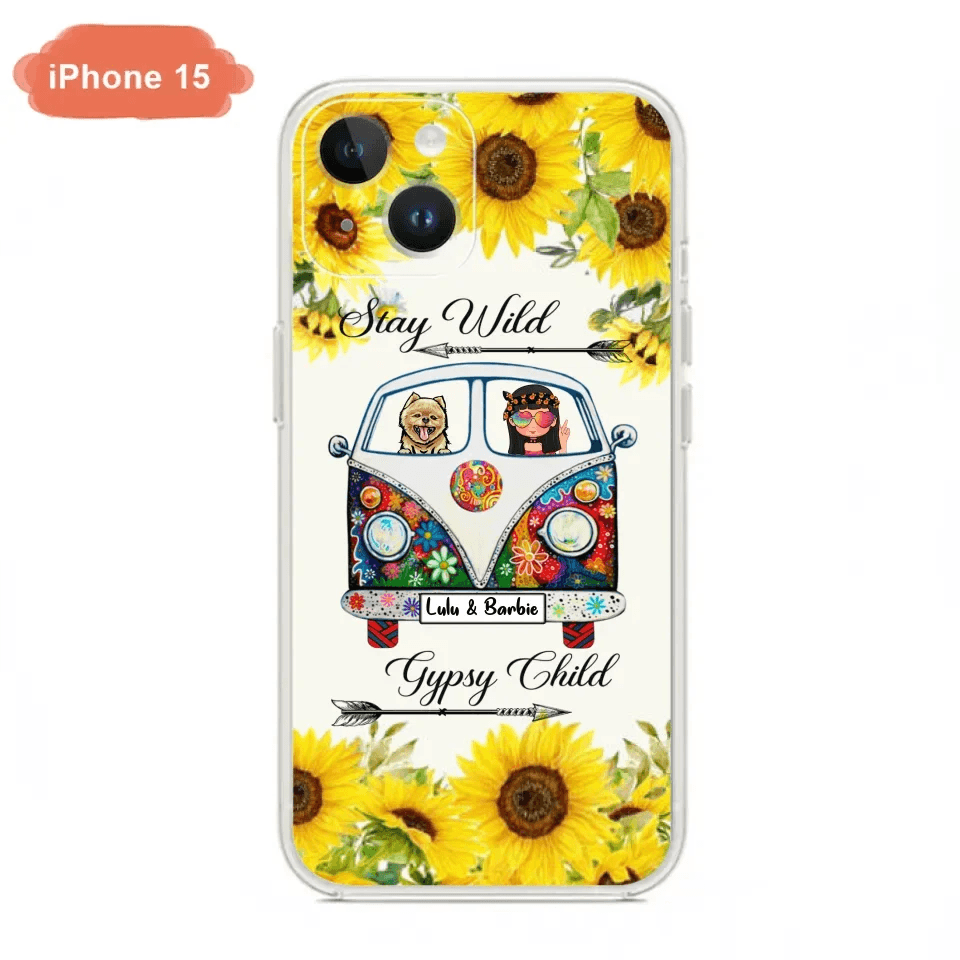 Personalized Hippie Girl Phone Case - Girl with up to 3 Pets - Phone case for iPhone, Samsung and Xiaomi