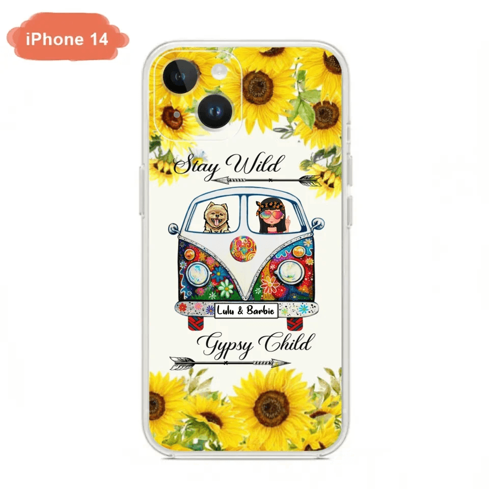 Personalized Hippie Girl Phone Case - Girl with up to 3 Pets - Phone case for iPhone, Samsung and Xiaomi