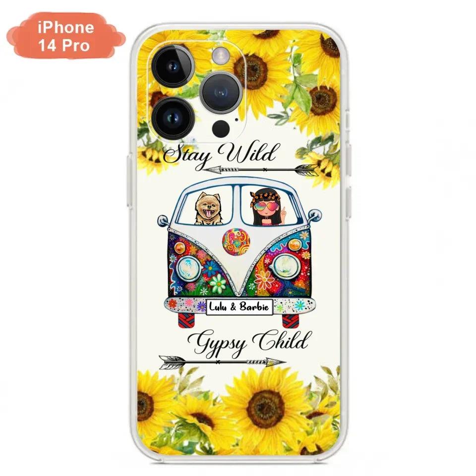 Personalized Hippie Girl Phone Case - Girl with up to 3 Pets - Phone case for iPhone, Samsung and Xiaomi