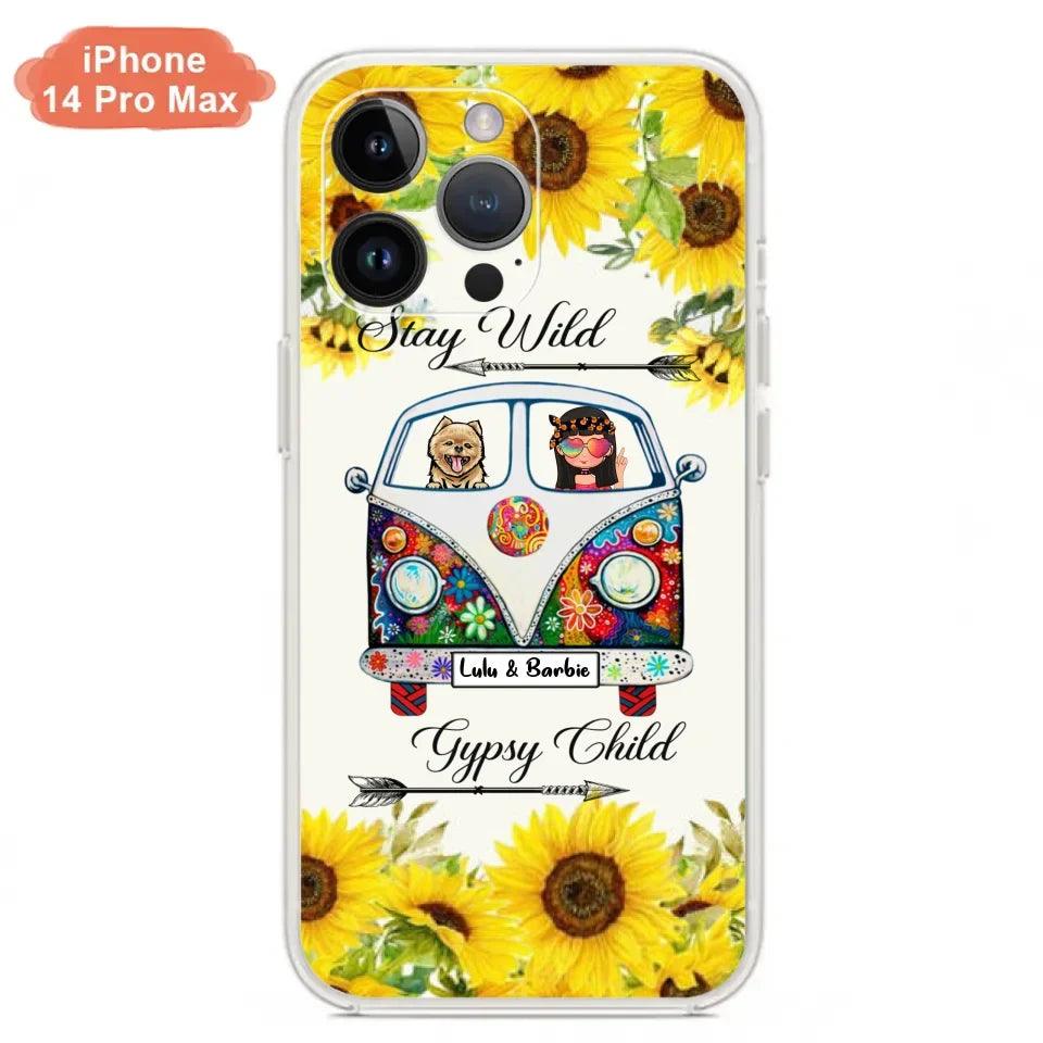 Personalized Hippie Girl Phone Case - Girl with up to 3 Pets - Phone case for iPhone, Samsung and Xiaomi