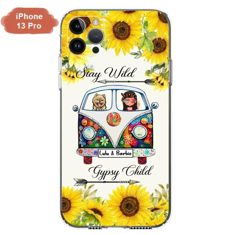 Personalized Hippie Girl Phone Case - Girl with up to 3 Pets - Phone case for iPhone, Samsung and Xiaomi