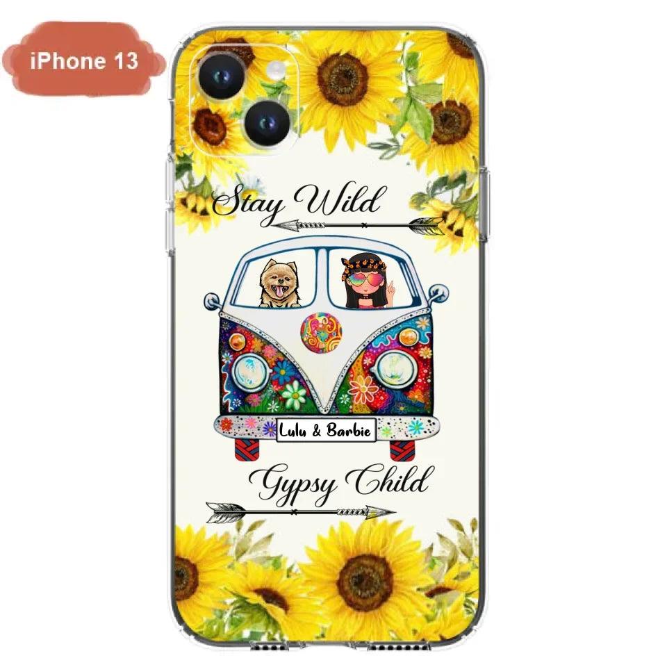 Personalized Hippie Girl Phone Case - Girl with up to 3 Pets - Phone case for iPhone, Samsung and Xiaomi