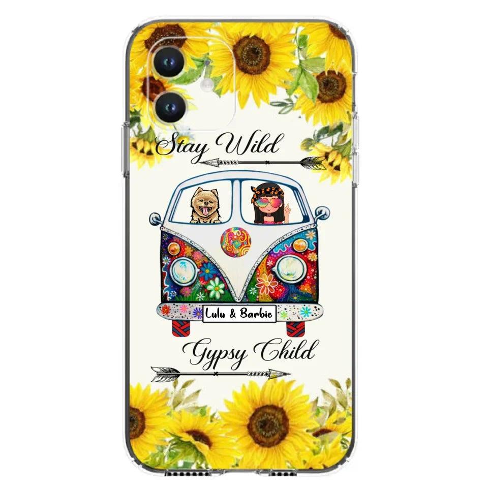 Personalized Hippie Girl Phone Case - Girl with up to 3 Pets - Phone case for iPhone, Samsung and Xiaomi